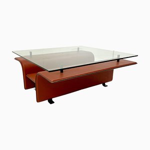 Mesa de centro italiana Mid-Century de cuero y vidrio, años 80