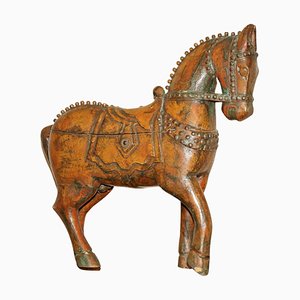 Decorative Indian Hand Carved & Painted Wooden Statue of a Horse