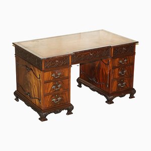 Chippendale Revival Inverted Breakfront Partner Desk with Leather Top