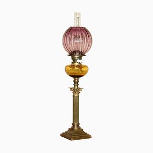 Victorian Corinthian Pillar Base Oil Lamp with Original Amber & Ruby Glass