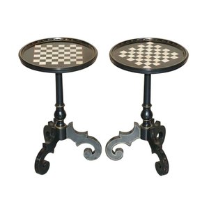 Late Victorian Ebonised & Hand Painted Chess Board Tripod Tables, Set of 2