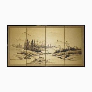 Signed Japanese Watercolour Folding Screen or Wall Hanging