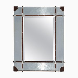 Specchio da parete aviatore in metallo e pelle con borchie nello stile di Andrew Martin