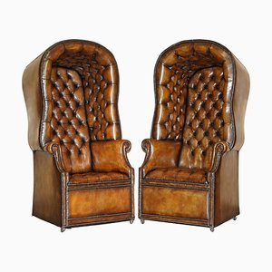 Late Victorian Hand Dyed Brown Leather Chesterfield Porter's Armchairs, Set of 2