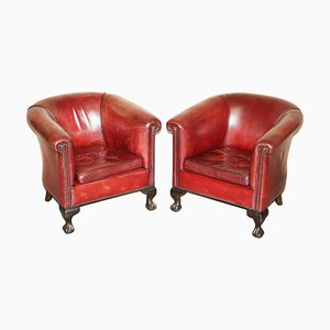 Fauteuils Chippendale en Cuir avec Pieds Griffes et Boules, Set de 2