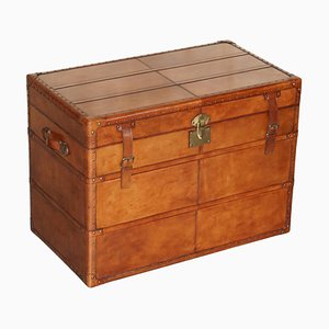 Large Brown Leather Bound Steamer Trunk with Velvet Lining