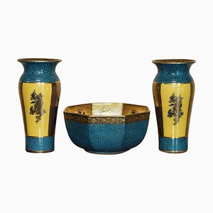 Cobalt Blue & Gold Gilt Vases & Bowl from Mason's Ironstone China, Set of 3