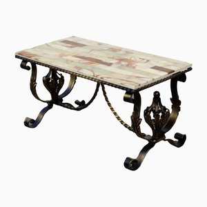 Vintage French Black and Gold Forged Onyx Marble Coffee Table
