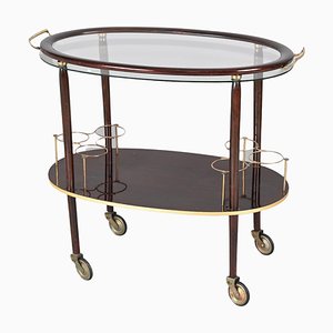 Mid-Century Italian Wood Bar Cart with Glass Serving Tray by Cesare Lacca, 1950s