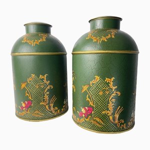 Large Chinoiserie Toleware Tea Canisters, Set of 2