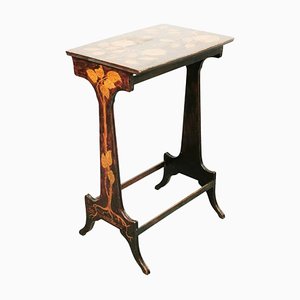 Antique Pokerwork Side Table in Wood with Pyrography