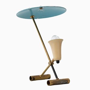 Italian Table Lamp in Brass with Light Blue Shade, 1950s