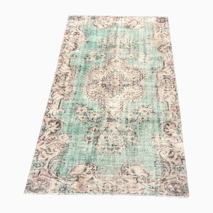 Vintage Turquoise Floral Pattern Overdyed Rug