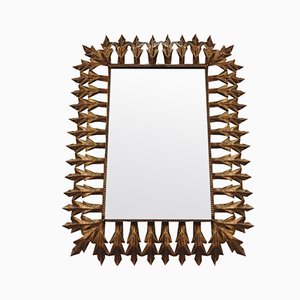 Specchio grande con motivi vegetali in metallo dorato, anni '50