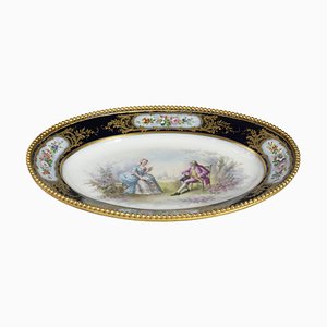 Assiette Ovale Antique en Porcelaine de Sèvres avec Garniture en Bronze Doré