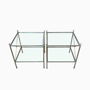 Mid-Century French Side Tables in Steel and Glass, Set of 2