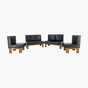 Modular Leather and Oak Wood Sofa and Chairs, 1970s, Set of 4