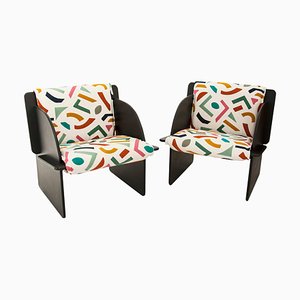 Modern Wooden Armchairs with Embroidered Upholstery, Italy, 1970, Set of 2