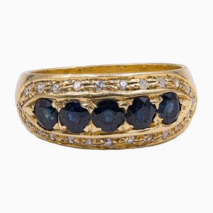 18K Vintage Yellow Gold Ring with Sapphires and Diamonds, 50s