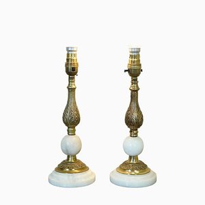 Vintage Marble and Brass Table Lamps, Set of 2