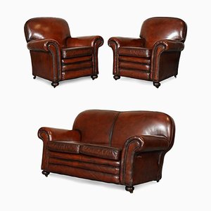 Victorian Maroon Leather Club Armchairs and Sofa, Set of 3