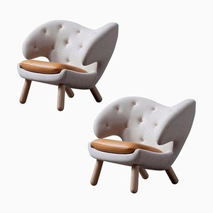 Fabric, Leather Cushion and Wood Pelican Chairs by Finn Juhl for Design M, Set of 2