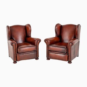 Victorian Club Chairs in Leather with Wingback, Set of 2