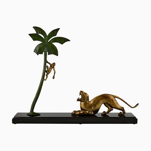 P. Berjean, Scultura Art Déco di pantera e scimmia, bronzo
