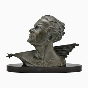 Frederic Focht, Art Deco Herrenbüste Aviator Jean Mermoz, Bronze