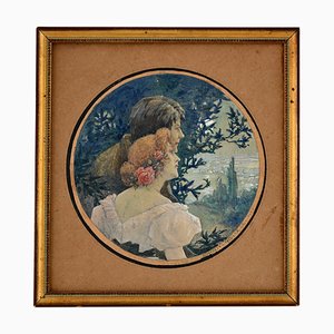 Marcel Haussaire, Jugendstil Gemälde eines Paares in einer Landschaft, 1913, Aquarell, gerahmt