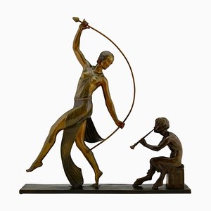 JD Guirande ou Joe Decomps, Sculpture Art Déco d'une Danseuse de Thyrse avec Faune, Bronze