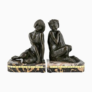 Art Deco Buchstützen aus Bronze in Nymphen- und Faun-Optik von Pierre Le Faguays, 2er Set