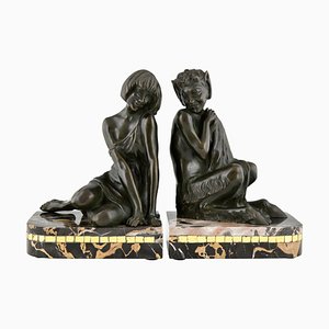 Serre-Livres Nymphe et Faune Art Déco en Bronze par Pierre Le Faguays, Set de 2