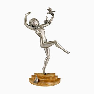 Marcel Bouraine, Sculpture Art Déco de Nu Dansant avec Oiseaux, Bronze