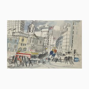 Mel Fowler, London Street Scene Painting, 20th-Century, Watercolor, Framed