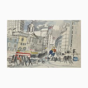 Mel Fowler, Peinture Scène de Rue à Londres, 20ème Siècle, Aquarelle, Encadrée