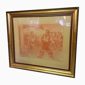 Pirates on a Ship Drawing, 1939, Red Chalk, Framed
