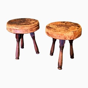 Antique Stool in Wood and Leather