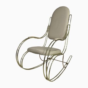 Rocking Chair in Brass and Ecru Leatherette, 1960s