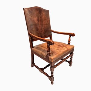 Antique Dining Chairs in Hand Carved Oak and Distressed Leather, Set of 9