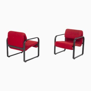 Italian Red Fabric and Black Metal Armchairs by Arflex, Set of 2