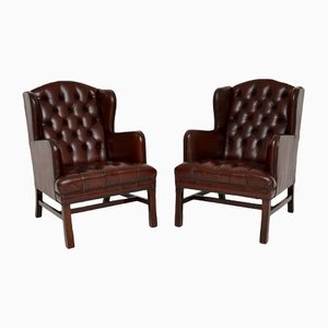 Antique Swedish Leather Wing Back Armchairs, Set of 2