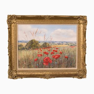 English Painting of Poppy Field, Late 20th-Century, Oil on Canvas, Framed