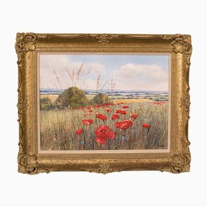 Pintura inglesa de campo de amapolas, finales del siglo XX, óleo sobre lienzo, enmarcado