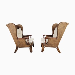 Wicker Wingback Armchairs, 1950s, Set of 2