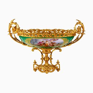 Grand Vase Vintage en Bronze Doré et Porcelaine