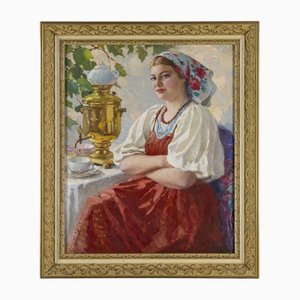 M. Maksolly, Donna con samovar, XX secolo, Olio su tela, Incorniciato