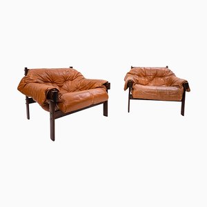 Mid-Century Cognac Leather and Wood Lounge Chairs by Percival Lafer, Set of 2