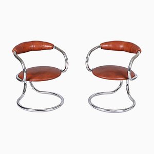Italian Tubular Chrome Steel and Leather Dining Chairs by Giotto Stoppino, 1970s, Set of 2