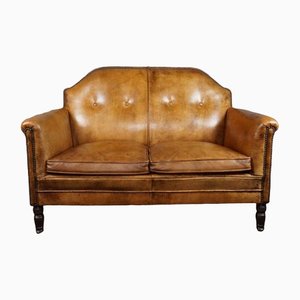 Antique Two-Seat Sofa in Sheepskin Leather